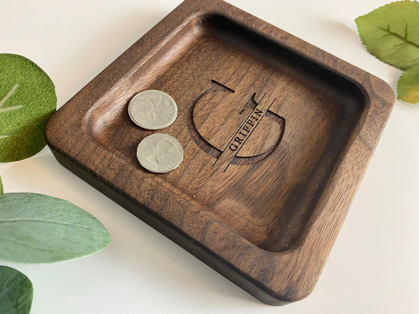 Catch All Tray- Engraved Wooden Valet Tray, Custom Jewelry Ring Dish, Wood Anniversary Gift, Christmas Birthday Gift
